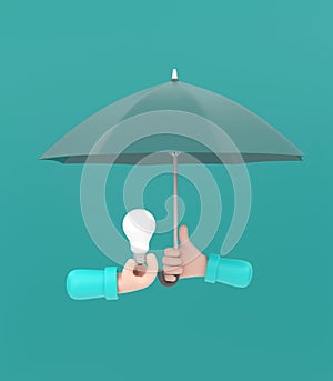 Cartoon hand holding green umbrella to protect light bulb, copyright concept