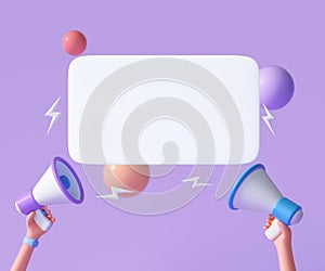 Cartoon hand holding megaphone with speech bubble on purple background with copy space. 3d render illustration