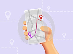 Cartoon hand holding phone with map on screen. Mobile gps navigation with icon on purple background Flat vector cartoon