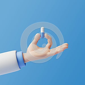 Cartoon hand holding a pill on a blue background