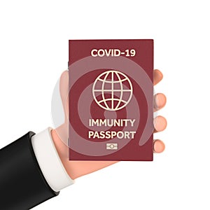 Cartoon Hand Holding Red Travel Health Immune Passport with Gold Yellow Sign and Biometric Icon. 3d Rendering