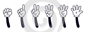 Cartoon hand numbers. Gesture counting sign, hands in white gloves count to five vector isolated illustration set