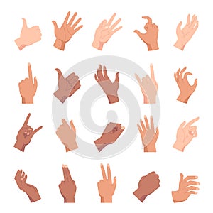 Cartoon hand poses, holding, pointing and like gesture. Diverse people hands, fists and palm positions and signs. Woman