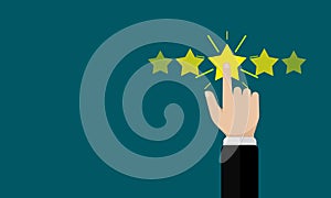 Cartoon hand Rating service with five Star. Positive Customer Review with golden 5 stars