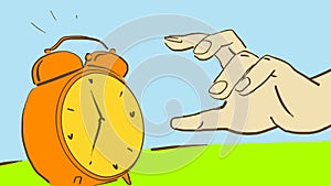 Cartoon Hand Reaches For A Ringing Alarm Clock to turn it off