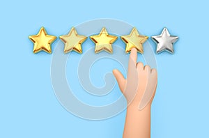 Cartoon hand showing on five stars rating. Customer experience concept