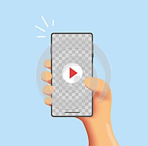 Cartoon hand with smartphone using social media. Finger push play button on mobile screen. Vector illustration isolated on blue