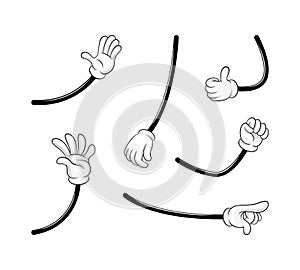 Cartoon Hand in White Glove Gesturing Waving, Pointing Finger and Showing Thumb Up Vector Set