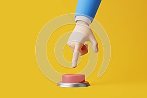 Cartoon hand will press a big red alert button on a yellow background