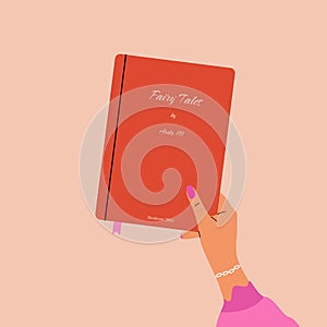 Cartoon hands with closed book. Fairy tale story textbook, bookcrossing, read literature concept. Vector illustration