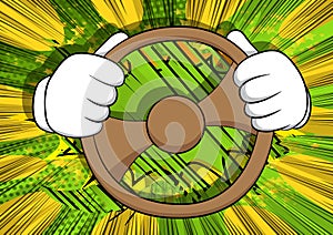 Cartoon hands driving, holding a steering wheel.