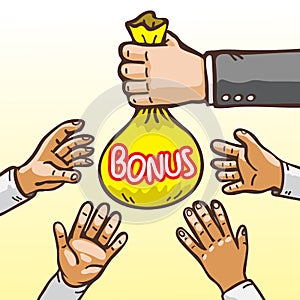 Cartoon Hands Giving and Receiving Bonus Bag