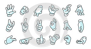 Cartoon hands in gloves. Doodle comic mascot arms, human character palms and fingers in white gloves showing gestures photo