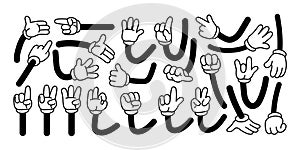 Cartoon hands in gloves. Funny retro mascot hand gestures and comic vintage arm character in expression poses. Palm and