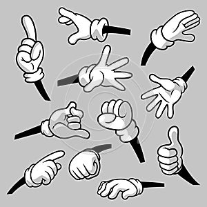Cartoon hands with gloves icon set isolated. Vector clipart - parts of body, arms in white gloves. Hand gesture