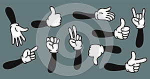 Cartoon hands. Hand drawn gloved arms. Vector doodle gesture and comic funny pointing with finger