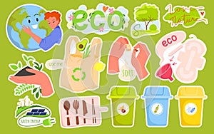 Cartoon hands hold soil with green sprouts and sort garbage for reuse, woman hugging globe, recycle bag and hygiene