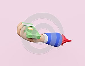 Cartoon hands holding banknote isolated on pink background.Quick credit approval or loan approval concept isolated on pink pastel