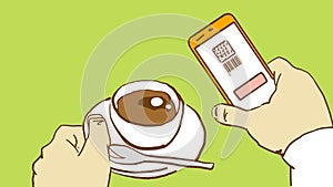 Cartoon Hands Holding Cup Of Coffee And Mobile Phone With Scanned QR Code