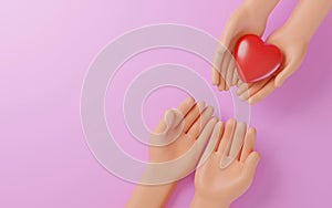 Cartoon Hands holding a red heart on blue background, CSR or Corporate Social Responsibility, health care, f