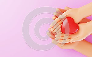 Cartoon Hands holding a red heart on blue background, CSR or Corporate Social Responsibility, health care, family insurance, heart