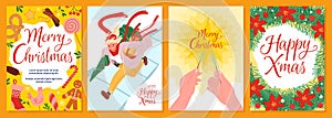 Cartoon hands holding sparklers, character running to fun party with Christmas Tree and gifts, floral patterns