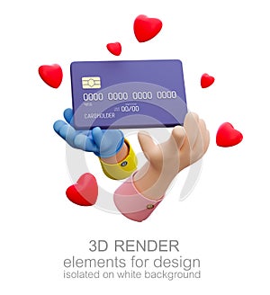 Cartoon hands holds  debit card and red hearts. Isolated on white background . 3d render