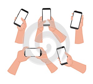 Cartoon hands and mobile phone. Hand of man holding phone and touch phone, business concept, flat design White