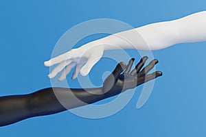 Cartoon hands reaching out to each other on a blue background