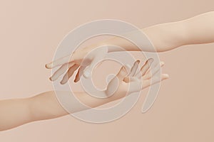 Cartoon hands reaching out to each other on a pastel beige background