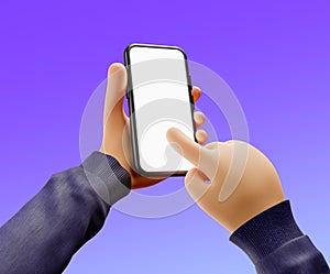 Cartoon hands use smartphone with blank screen - finger touching on phone screen