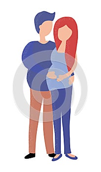 Cartoon handsome man and his beautiful pregnant wife hugging each other and looking at each other while standing, white background