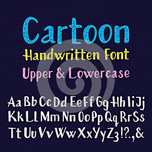 Cartoon handwritten font. Uppercase and lowercase letters. Isolated english alphabet of grainy texture