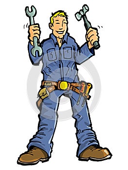 Cartoon of a handy man with all his tools.