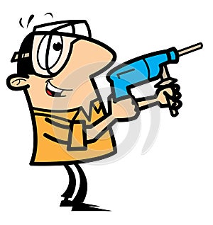 Cartoon handyman with drill and goggles