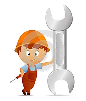 Cartoon handyman with huge big wrench