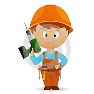 Cartoon handyman with tools belt and drill