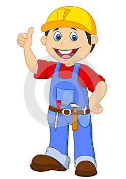 Cartoon handyman with tools belt thumb up