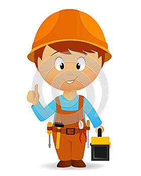 Cartoon handyman with tools belt and toolbox