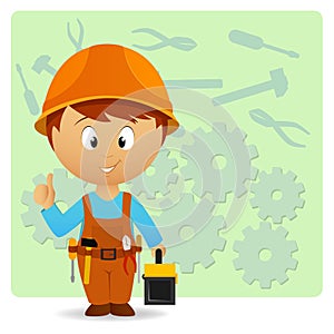 Cartoon handyman with tools on industry background