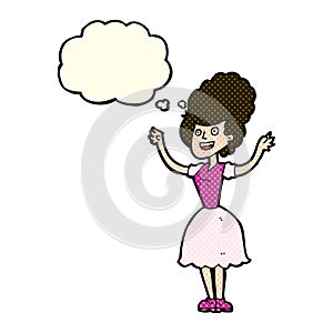 cartoon happy 1950's woman with thought bubble