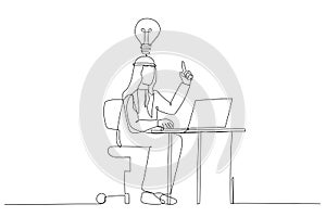 Cartoon of happy arab businessman working at his desk and creating a lot of idea bulbs. Single line art style