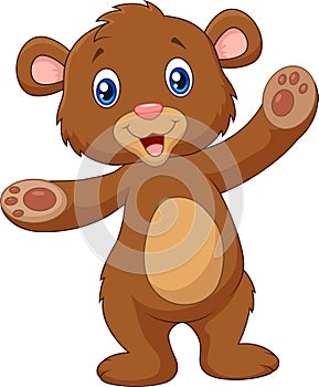 Cartoon happy baby brown bear waving hand