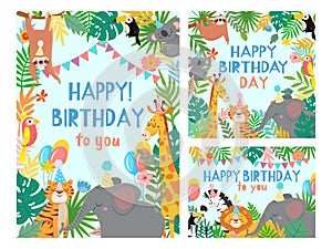 Cartoon happy birthday animals card. Congratulations cards with cute safari or jungle animals party in tropical forest