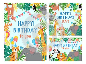 Cartoon happy birthday animals card. Congratulations cards with cute safari or jungle animals party in tropical forest vector