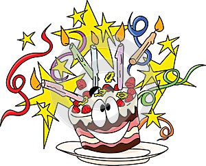 Cartoon happy birthday cake decorated with candles stars and ribbons vector