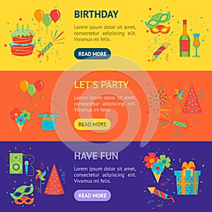 Cartoon Happy Birthday Party Banner Horizontal Set. Vector