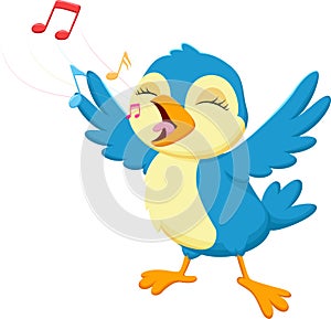 Cartoon Happy blue bird singing on white background