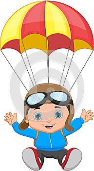 Cartoon happy boy skydiving on white background