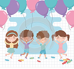 Cartoon happy boys and girls celebrating with balloons decoration